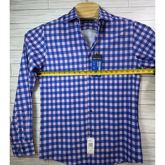 NWT NAUTICA Men's Performance Golf Blue Pink Check Sz Med Button Up Shirt - Picture 5 of 7